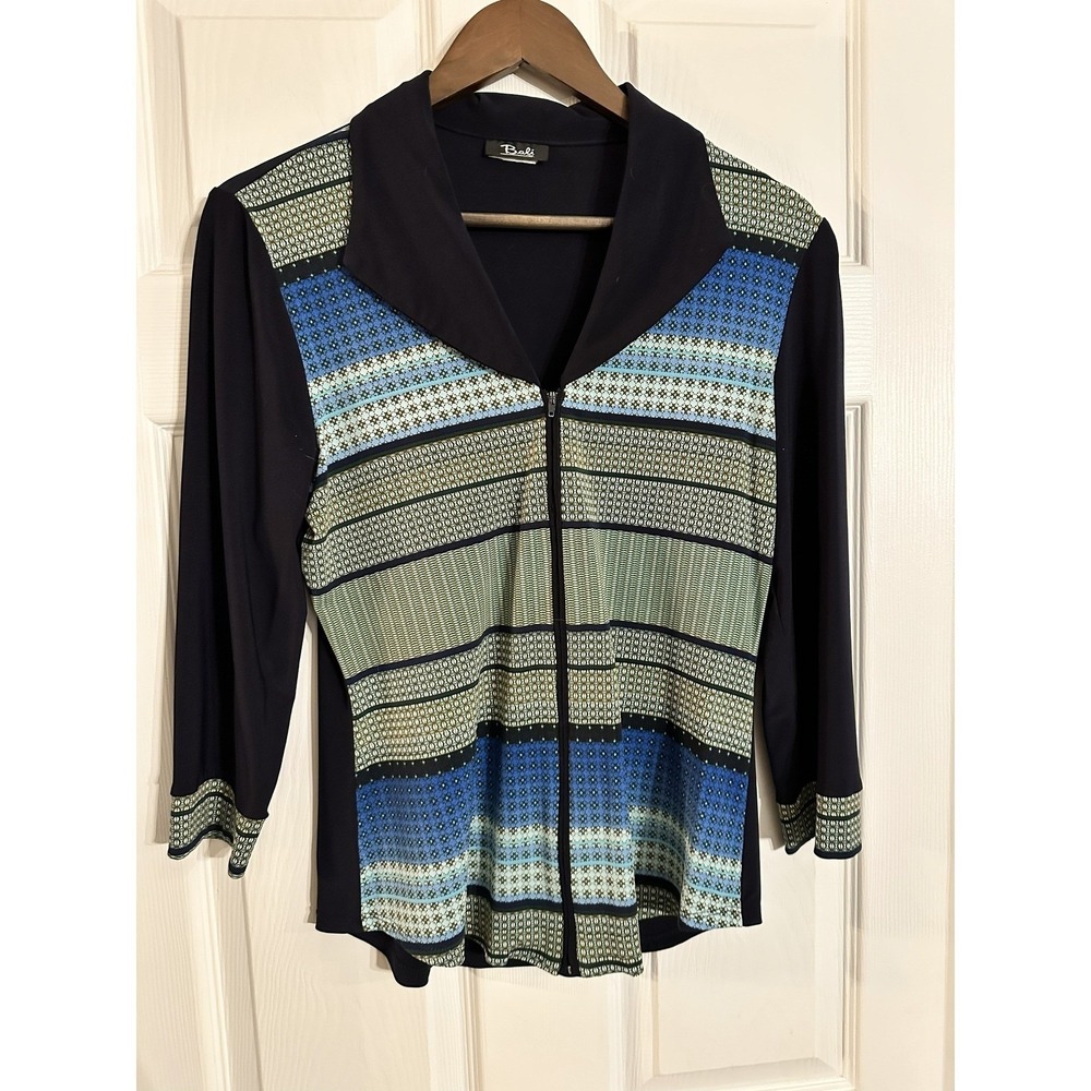 Bali Corp Women's Zip Front Geometric Print Top Navy Blue Multi Size Medium - Picture 1 of 3